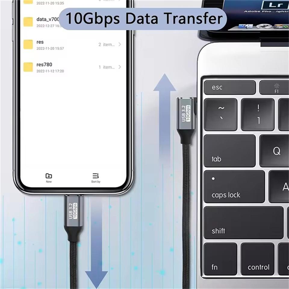 Удлинительный кабель USB C под углом 90 градусов, передача питания 100 Вт, передача данных 10 Гбит/с, USB 3.1 Gen 2, плетеный кабель «папа-мама»