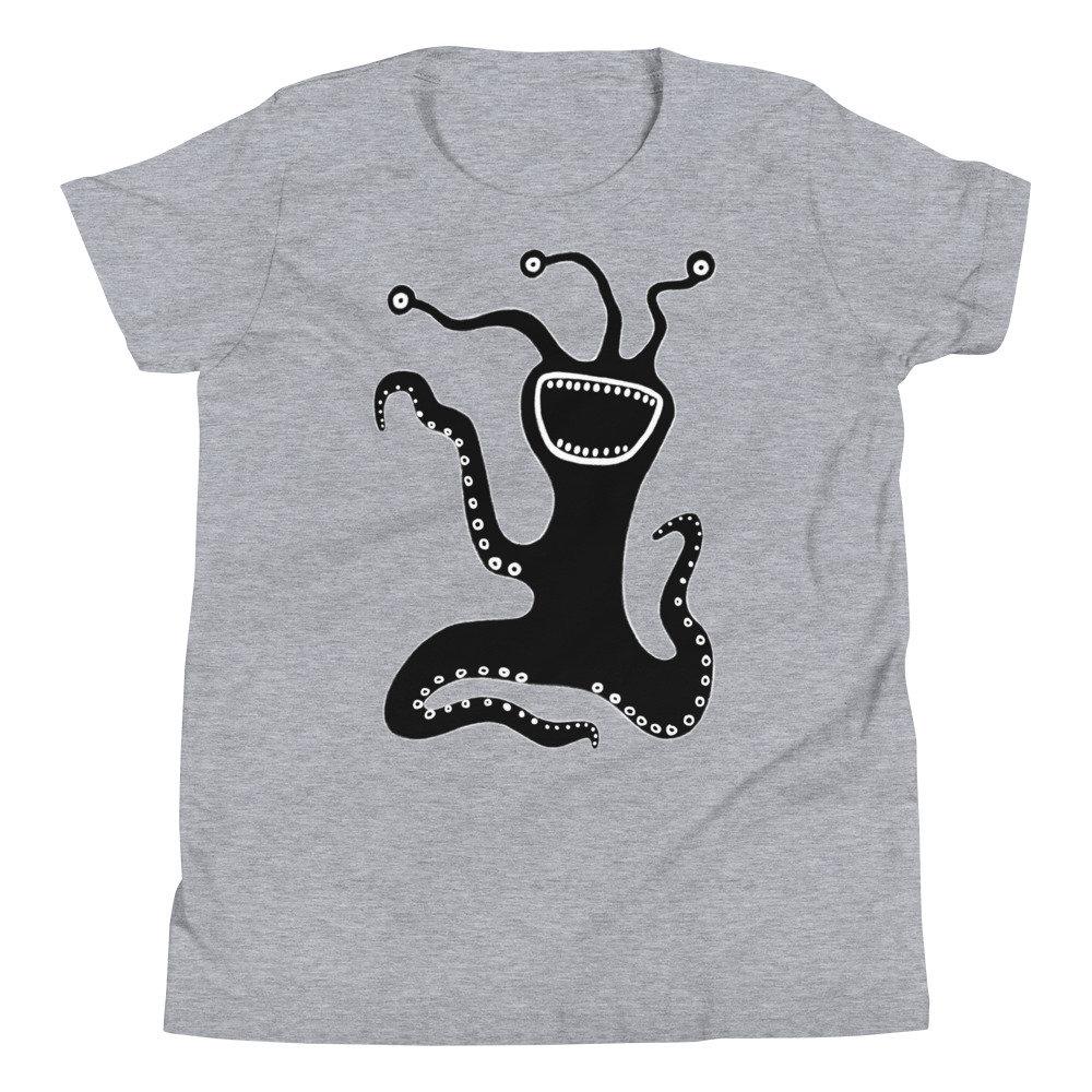 KIDS SIZE Youth Short Sleeve T-Shirt Monster Art Weird Monsters Funny Birthday Gift Shirts Childrens Gifts Space Alien Quirky Whimsical Art