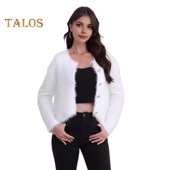 Auutmn Winter Lady Cardigan Coat Furry Plush Single-breasted U Neck Long Sleeves Thickened Solid Color Faux Fur Knitted Sweater Jacket