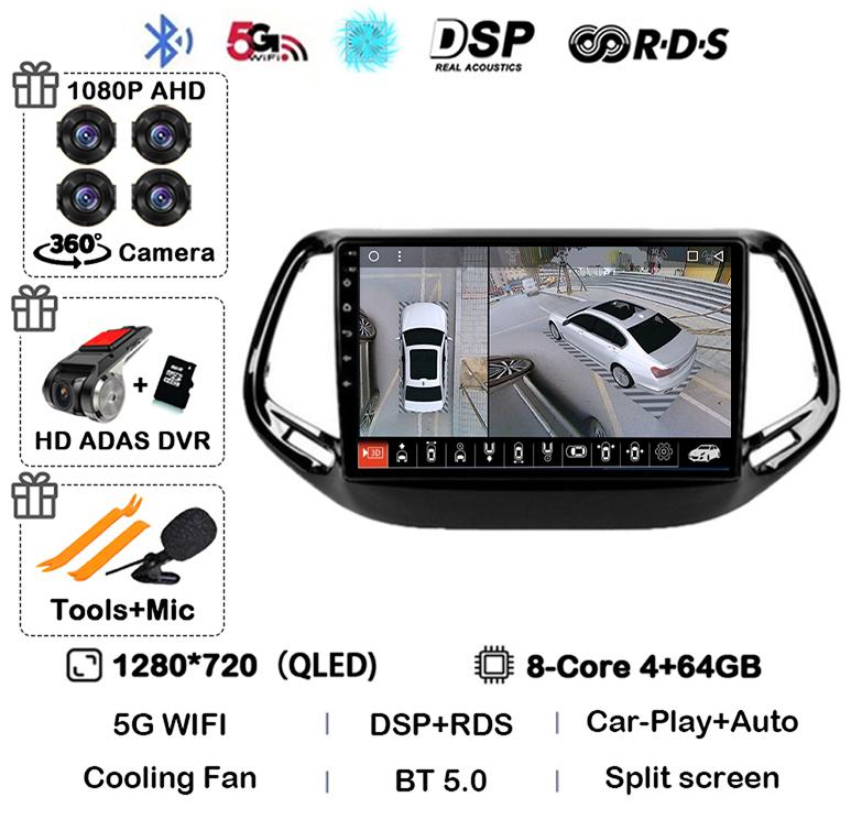 Android 14 Автомагнитола Carplay Auto для Jeep Compass 2017 2018 2019 GPS Навигация Стерео Мультимедийный Видеоплеер Камера 360 WIFI