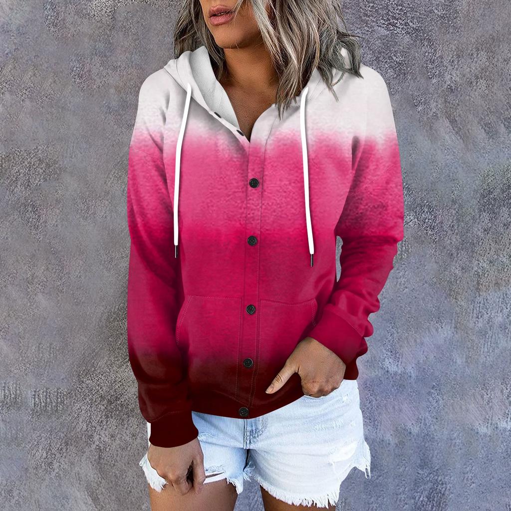 Women's Hoodie, Solid Color Gradient Printed Long Sleeved Loose Hooded Sports Jacket
