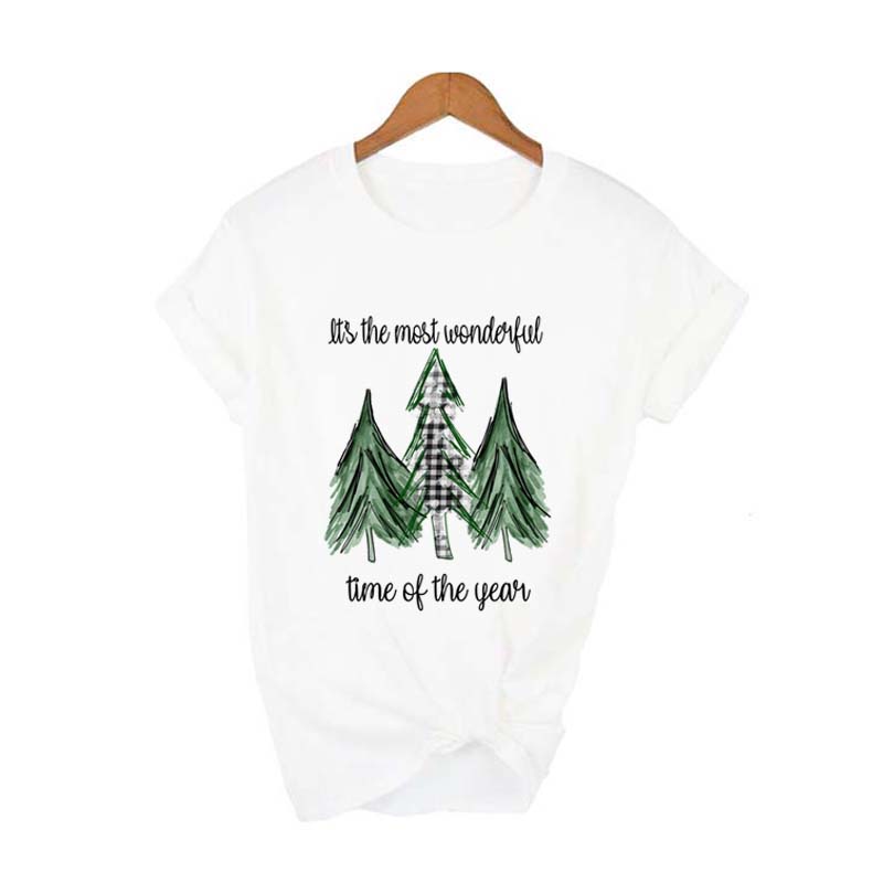 Merry Christmas Plaid Tree Printed T Shirt Fashion Graphic Women Top Tshirt Female Kawaii Tee Ladies