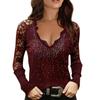 Новая женская мода V-образный вырез блузка с ромбами принтованные топы с длинным рукавом сексуальная кружевная футболка облегающие блузки топы