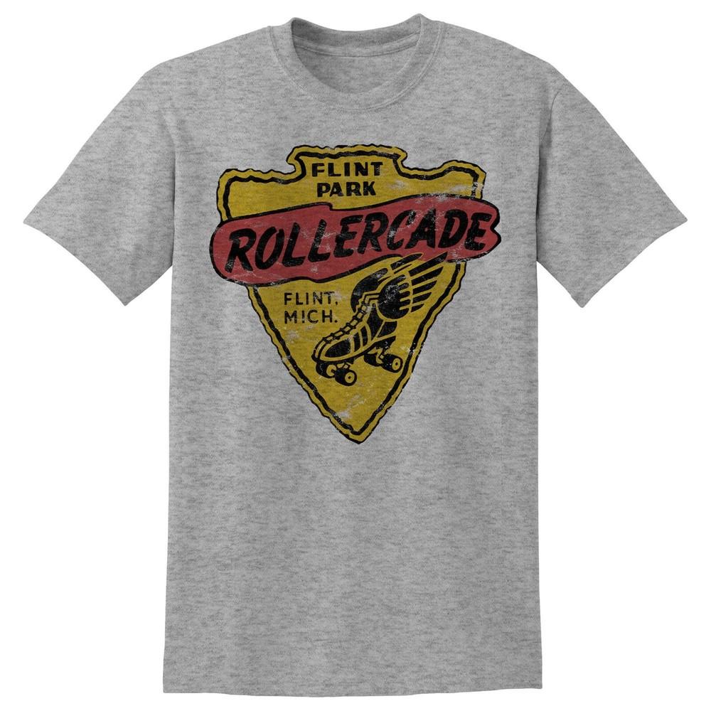 Retro Travel Tee T Shirt Flint Michigan Rollercade Roller Rink Skates Arrowhead
