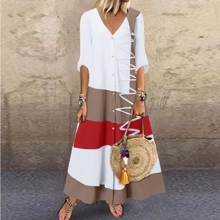 Women's Summer Maxi Dress V-Neck Short Sleeve Button Long Dress Loose Color Block Dress