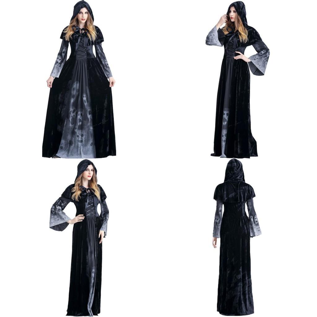 Хэллоуинское косплей-платье для женщин с принтом скелета, полиэстер, фэнтези, костюм злой ведьмы, вампира, мертвой души, костюм на Хэллоуин