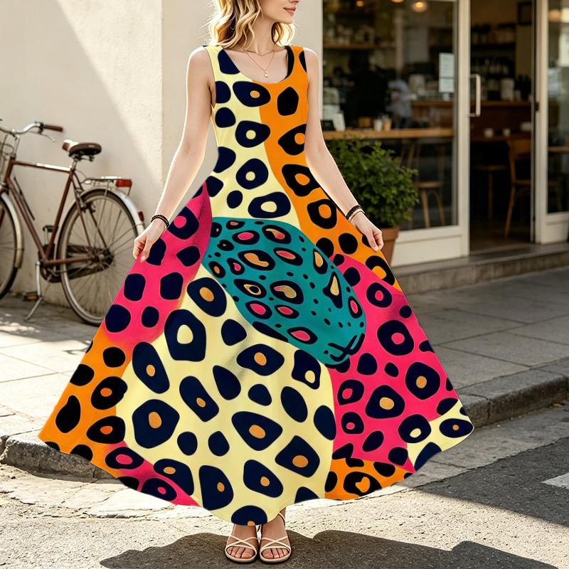 Women's Bohemian Leopard Print Colorful Patchwork Maxi Dress Sleeveless Flowy Comfortable Dress for Daily,Party,Vacation,Versatile & Eye-Catching