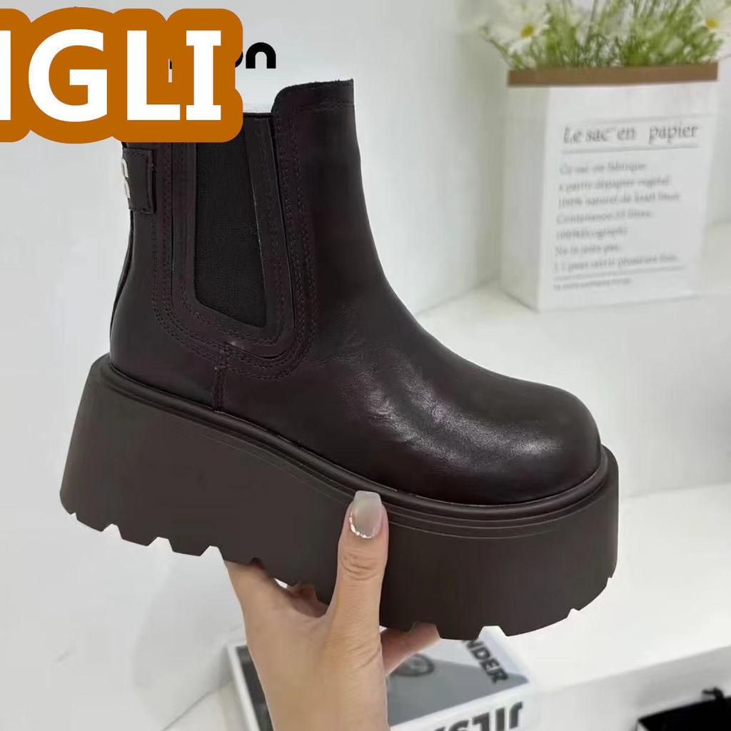 Women's Fleece-lined Slip-on Chelsea Boots: Thick-soled, Height-increasing Martin Style for 2025 Autumn/Winter