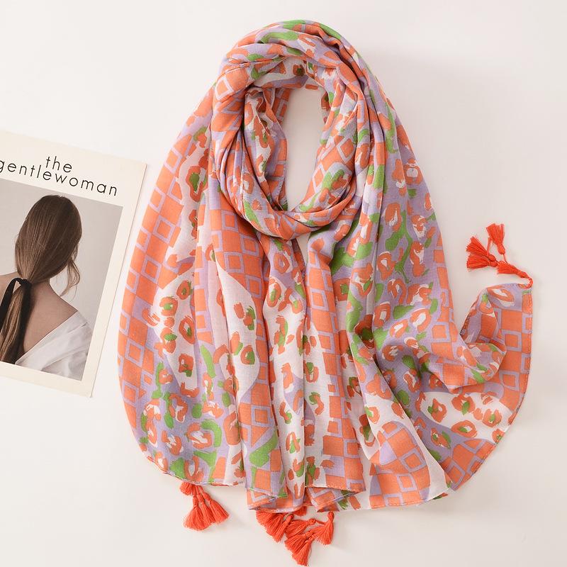 Beige Coffee Scarf Luxury Thin Womens Scarves Spring Floral Hijab Veils Soft Cotton Shawl Wrap Tassel Viscose Muslim Woman Hijab