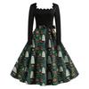 Women's Vintage Long Sleeve Square Neck Halloween Print Party Dress with Flared Skirt and Waist Tie for Evening Events