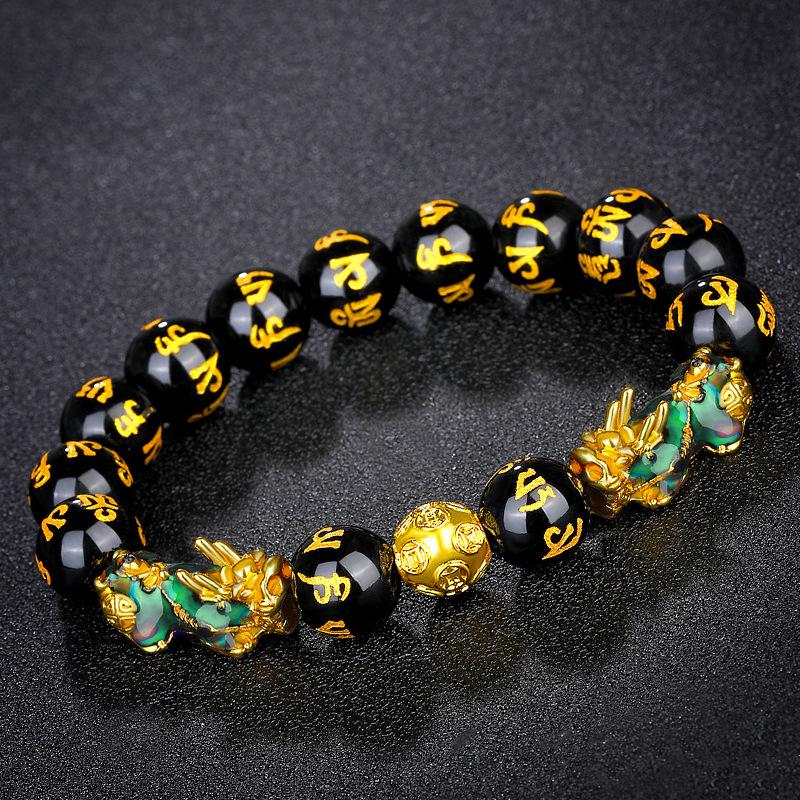 Vietnamese Sand Gold Color-Changing Pixiu Leather Bracelet with Obsidian Six Character Mantra - Unisex Douyin Style.