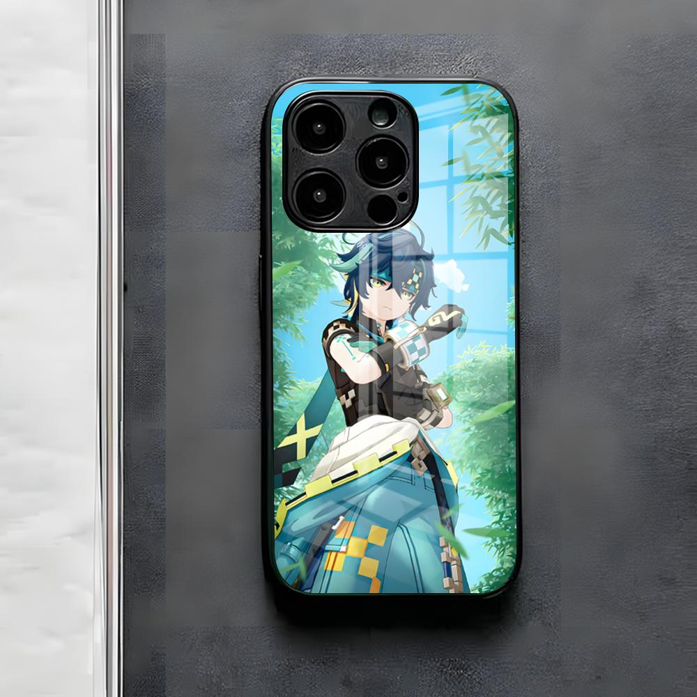 Чехол для телефона Kinich G-Genshin Impact для IPhone 17 Air 16 E Pro Max 15 14 13 Mini 12 Pro 11 Max Plus Черная стеклянная крышка
