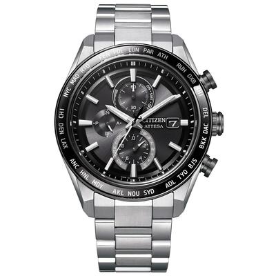 Мужские часы Citizen Attesa Water Sapphire Black and Silver AT8295-56E, Устойчивые, Легкие, Титановые, Безель, Питание от света Eco-Drive, Серебристые,