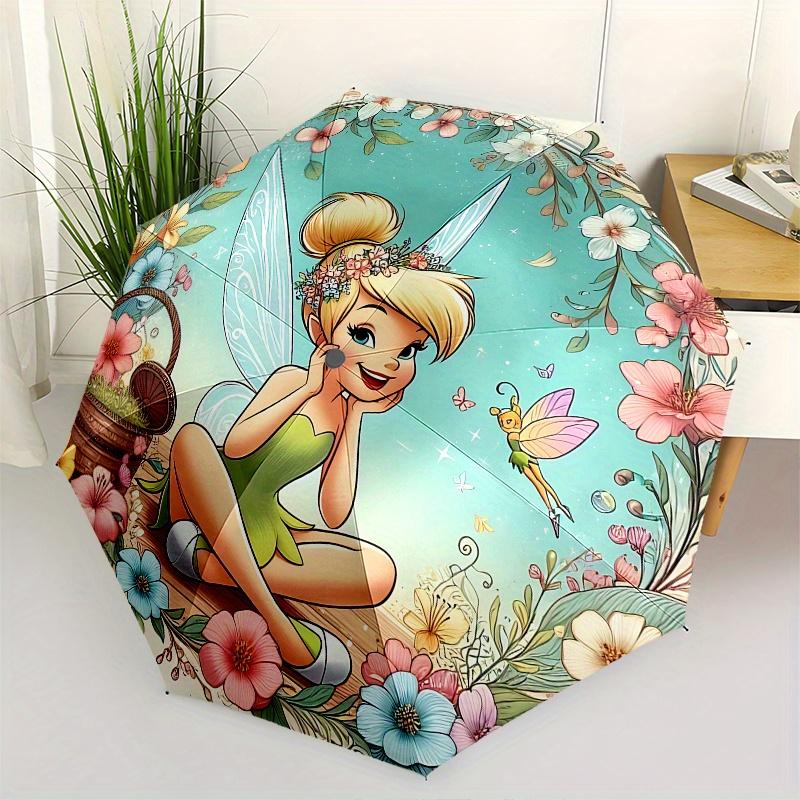 Disney Tinkerbell Automatic Open/Close Umbrella - Cute Umbrella with Cute Design, Portable 3-Fold Compact Umbrella for Men & Women, Valentin