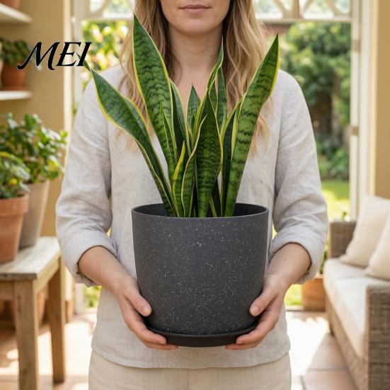 Portable Flower Containers for Patio Modern Plant Pot with Saucer, Gray Outdoor Pots Drainage Holes, Stone-Look Planter Indoor Plants Durable