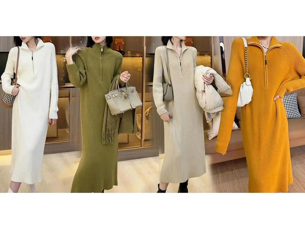 Женское уютное вязаное платье выше колена с высоким воротником и молнией для осени и зимы