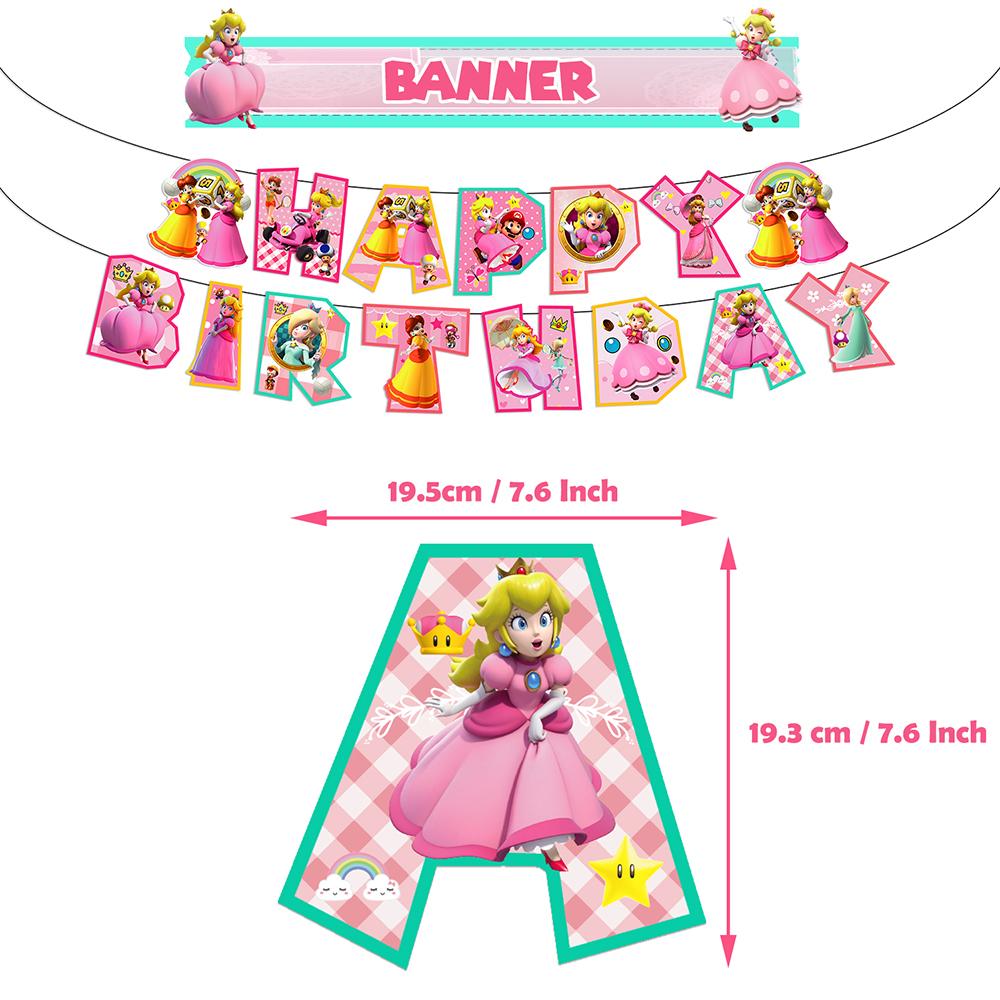 30Pcs Princess Peach Birthday Party Supplies include Banner Cake Topper Balloons