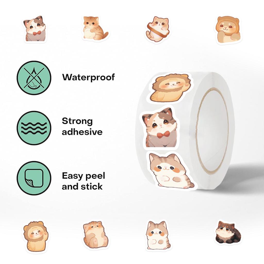 500 Pieces/roll Roll Sticker Tape Big-eyed Cat Sticker Handbook Material Decorative Envelope Seal Sticker