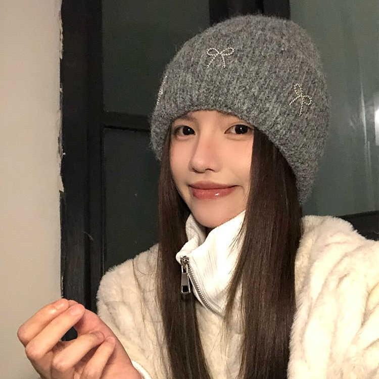 Korean Versatile Thickened Bow Wool Hat Fashionable Casual Big Head Circumference Windproof Warm Hat Autumn and Winter Ear Protection Cold Hat