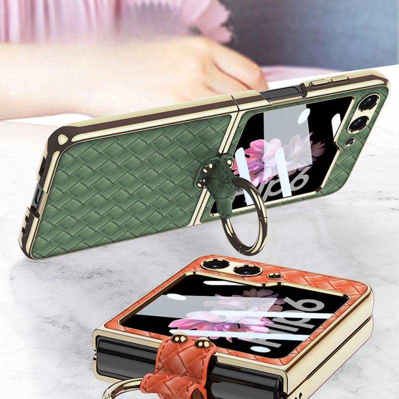 Electroplate Shell Film Weaving Ring Phone Case for Samsung Galaxy Z Flip 6 5 4 Flip6 Flip5 Flip4 Flip3 5G Fall Prevention Cover