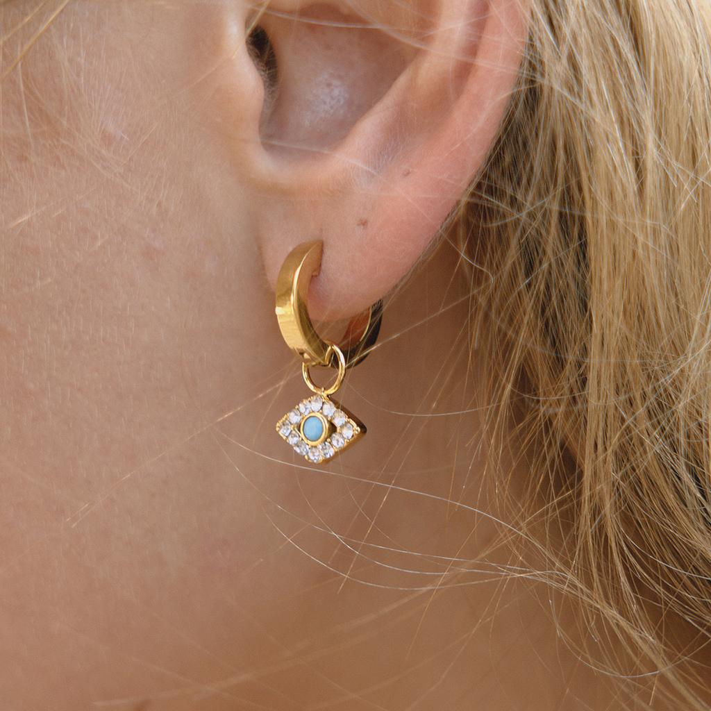 Uworld Classic Fashion 18K Gold Color Plated Inlay Zircon Blue Turquoise Devil's Eye Pendant Earrings Stainless Steel Jewelry