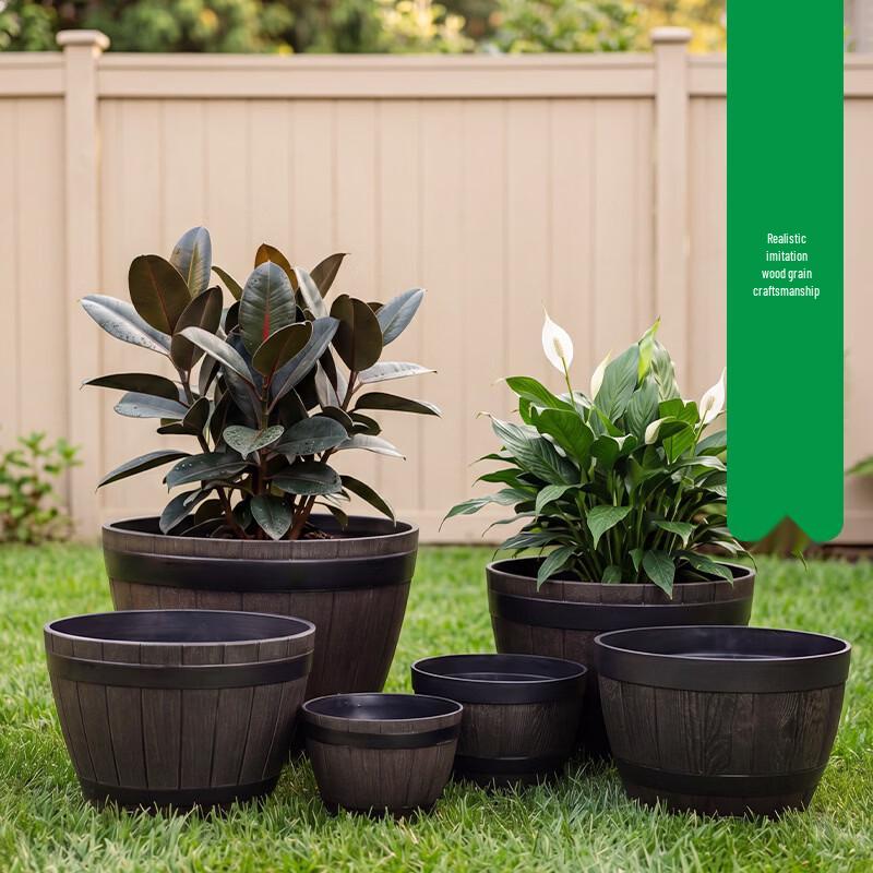 Large Imitation Wood Barrel Planter