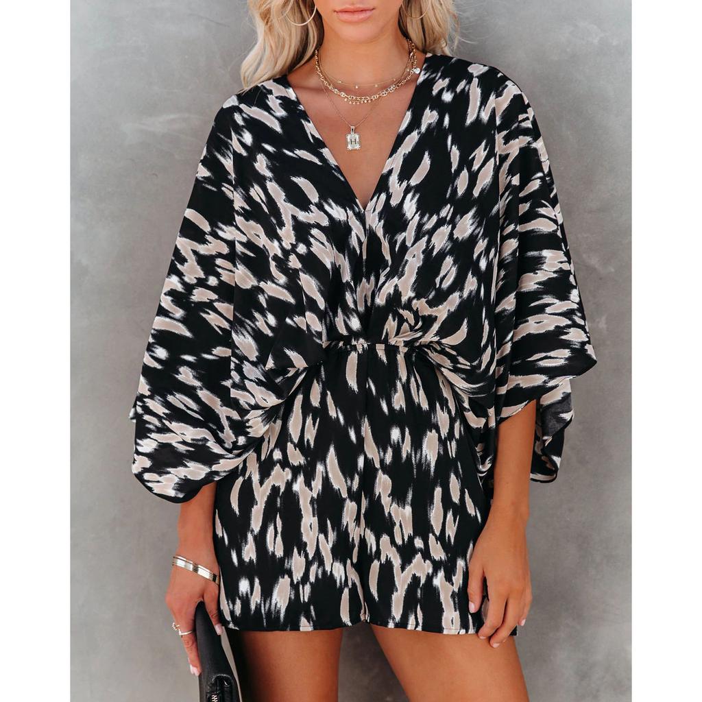 Women Printed Batwing Sleeve V Neck Loose Collect Waist Bandage Jumpsuit