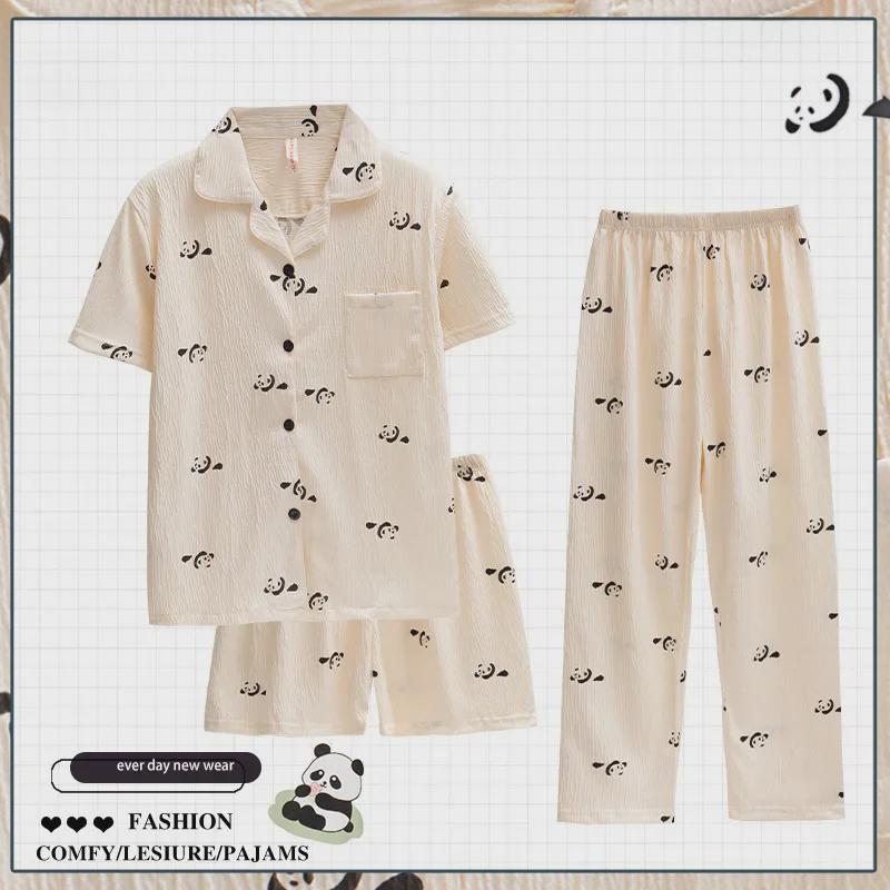 Летняя пижамная одежда Dopamine Pink Striped из хлопкового крепа - женская, с короткими рукавами, из трех предметов