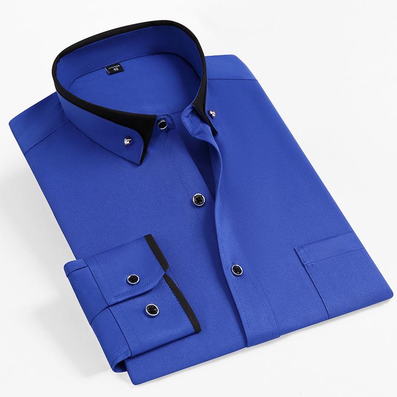 Мужская эластичная рубашка с длинным рукавом, контрастным воротником, не требующая глажки - Деловой кэжуал, Весна/Осень