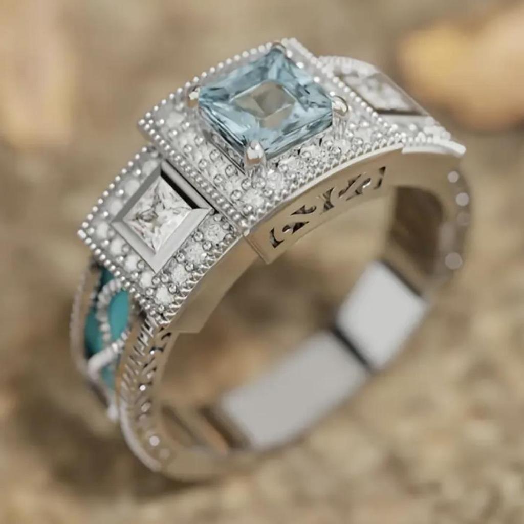 Superfine Bestseller Jewelry: Drip Oil Inlaid Aquamarine and Zirconia Diamond Lace Ring.