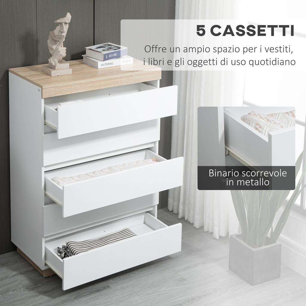 Chest of 5 Drawers Minimal in Wood, 80x40x109 cm, White and Oak Color