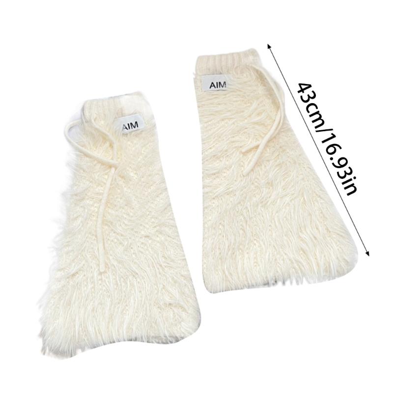 Womens Y2K Girls Winter Furry Leg Warmer wtih Drawstring Harajuku Letter Label Furry Plush Flared Boot Cover Long Socks