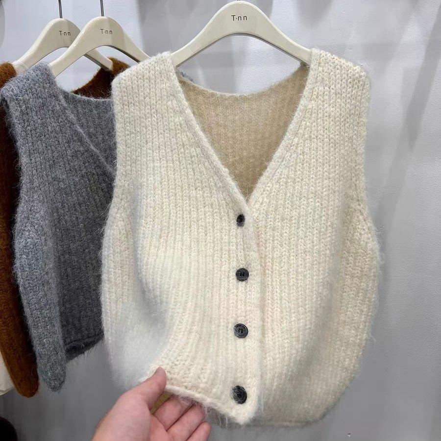 Autumn Winter V Neck Single Button Vest Grey Loose Knit Cardigan Women Fashion Thick Wool Guangzhou Story Niche Sweater