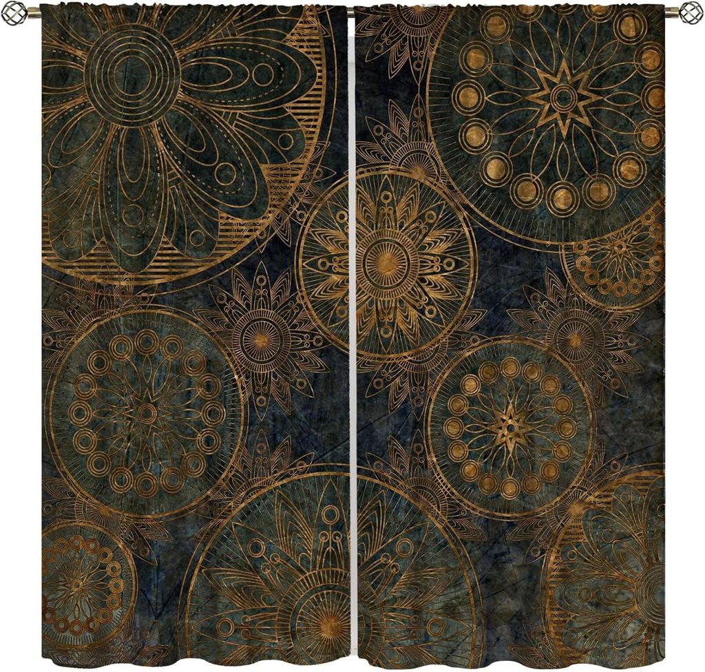 Mystic Mandala Curta For Home Decor, Vintage Abstract Magic Art Golden Blue Pattern Window Treatments, Rod Pocket Thermal