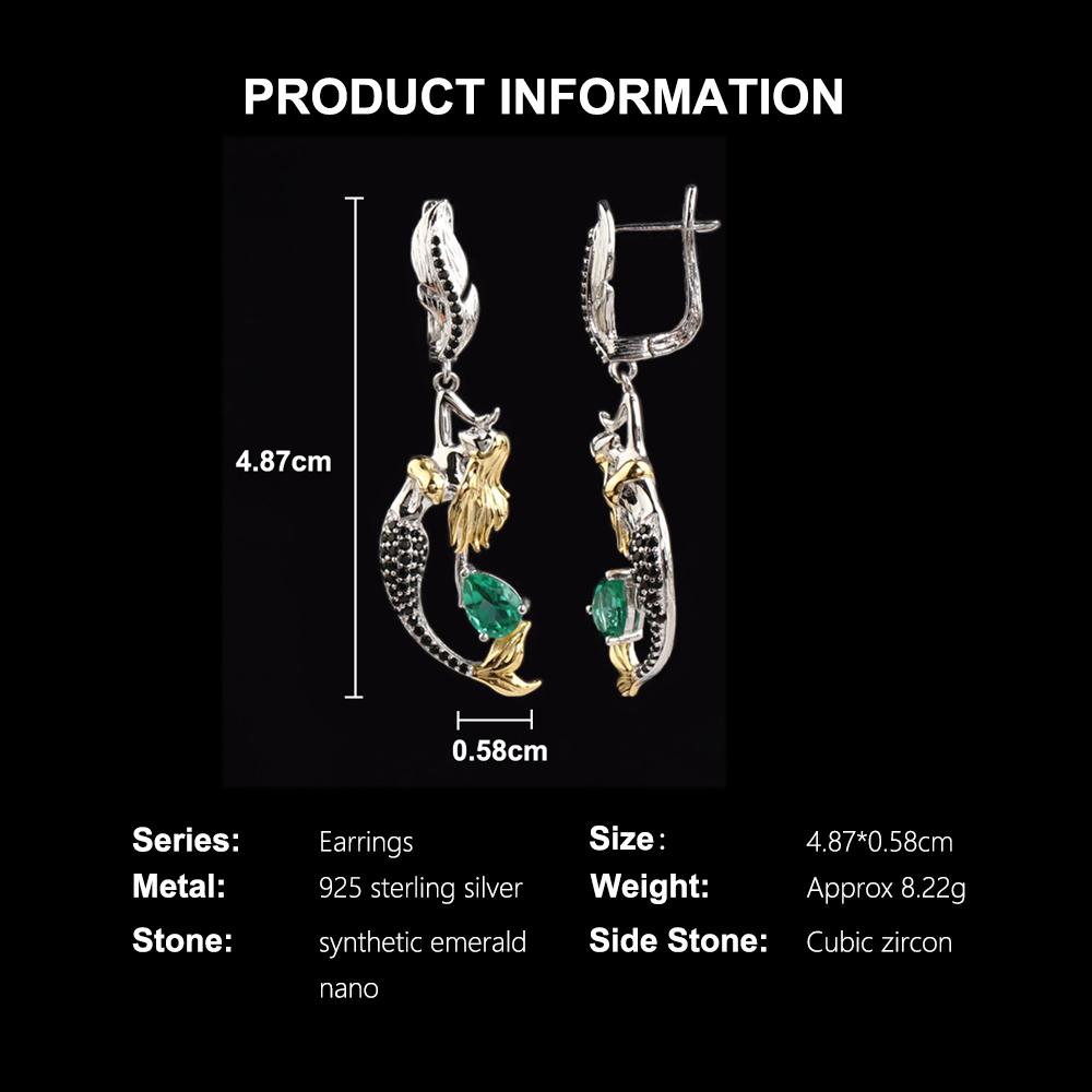 Элегантные серьги в виде русалки, созданные из грушевидного изумрудного нано-кристалла 5*7 мм, ювелирные изделия из стерлингового серебра 925 пробы для женщин, подарок для предложения и банкета