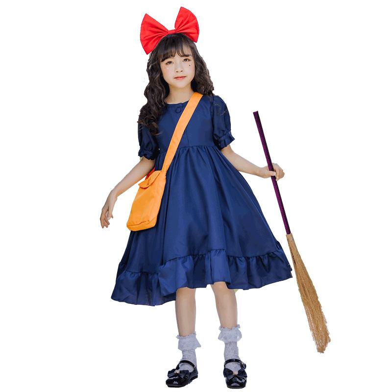 J-yuefang/Jingyuefang Witch Kiki Costume for Girls, Japanese Style Anime Cosplay Dress with Headband and Backpack
