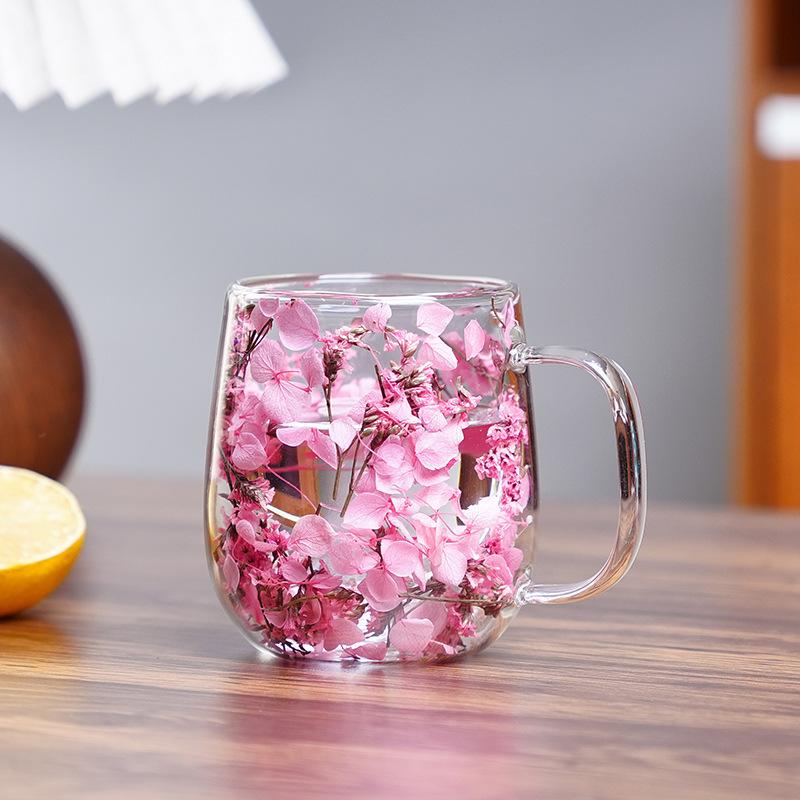 Flower-Infused Glass Mug - Decorative Dried Flower Clear Coffee/Tea Cup (Multi-Color Options)