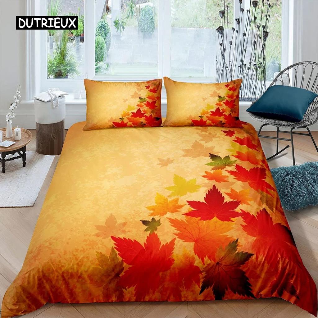 Maple Leaves Duvet Cover Set Colorful Autumn Season Maple Leaves In Unusual Designs Nature Print King Size 23pcs Bedding Set