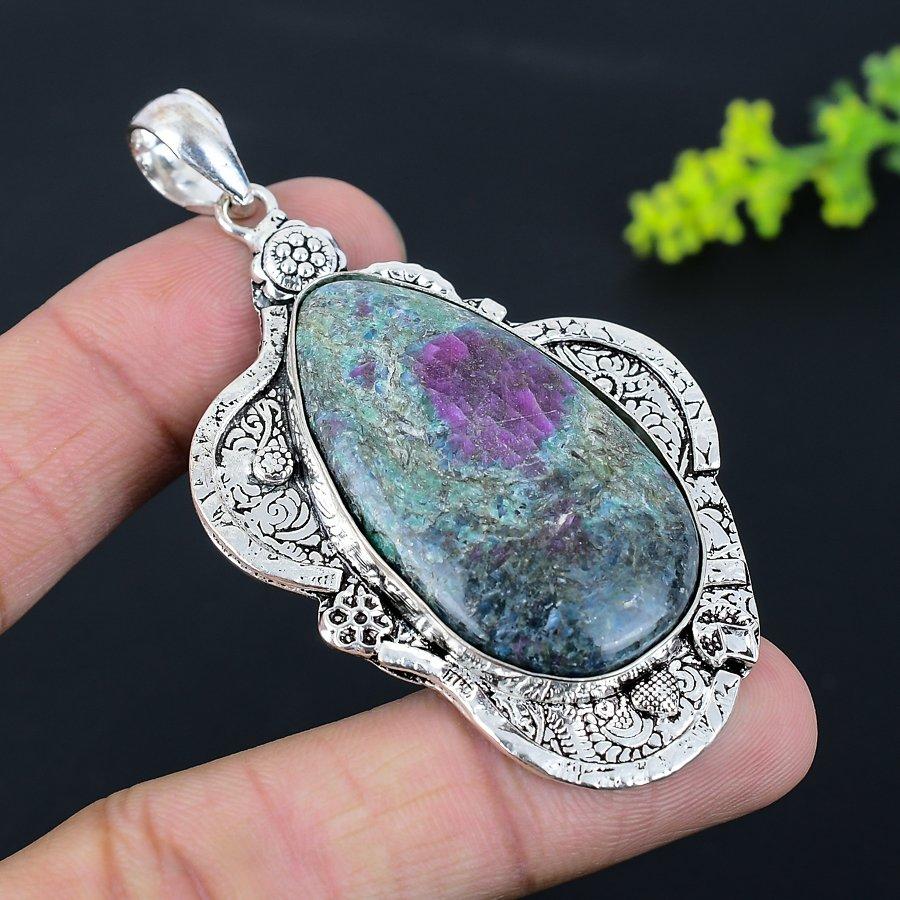 Ruby In Fuchsite Handmade Ethnic 925 Silver Jewelry Pendant 2.96" H5s89