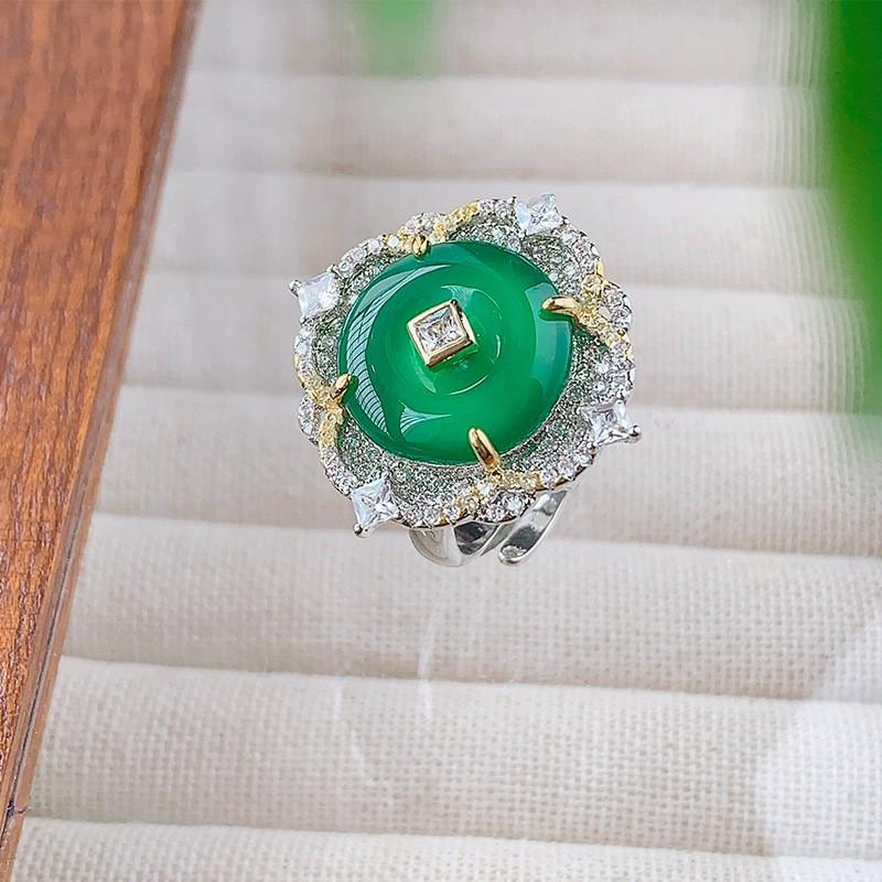 Vintage Green Chalcedony Jewelry Set Women Earrings Necklace Ring With Pendant Copper Box Chain Ethnic Chinese Style
