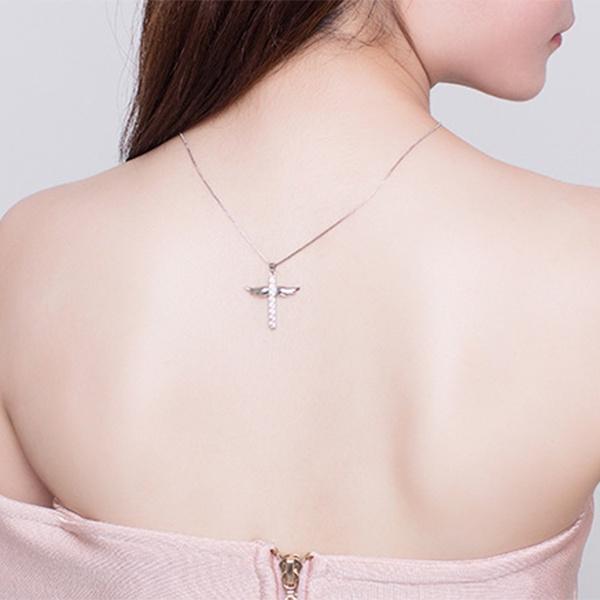 Elegant Silver Women Cross Love Angel Heart Wing Pendant Necklace For Stylish Ladies