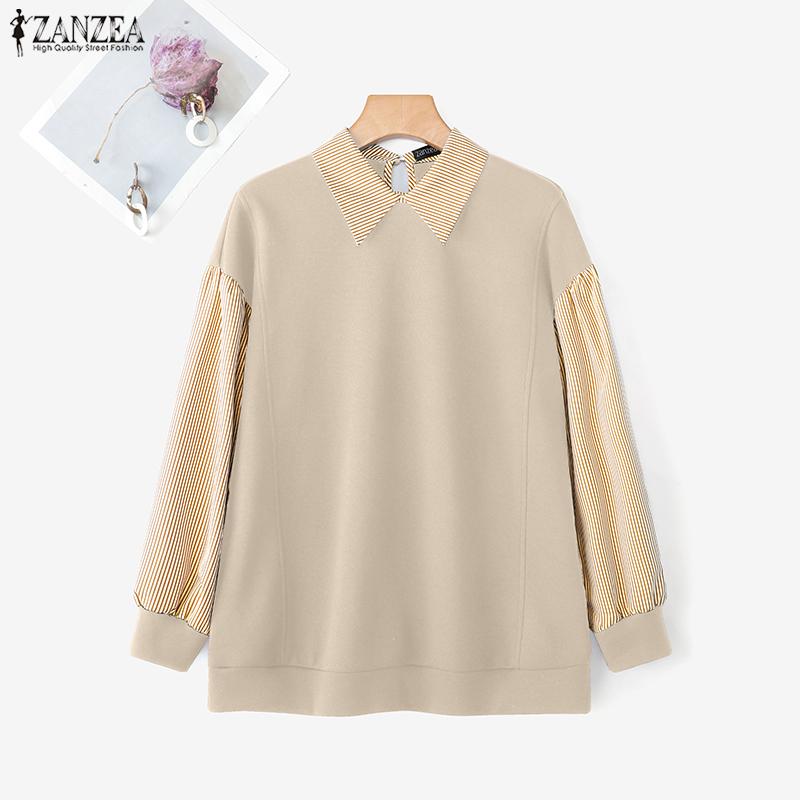 ZANZEA Женский повседневный свитшот тонкий на осень с принтом в полоску и вставками, с длинным рукавом