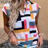 VEZFAA Женская мода Повседневная Летняя Весна Цветные Блоки Принт Короткие Рукава V-образный вырез Блузки и Рубашки