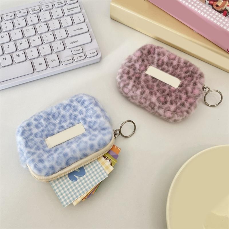 Плюшевый многофункциональный мешочек с принтом леопарда и гладкими молниями для организации ID-карт, мелочи, ключей и мелких предметов