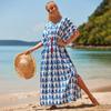 Bohemian Kaftan Long Maxi Dress Women Drawstring Leaves Printed V Neck Tunic for Beach Swimsuit Cover Up