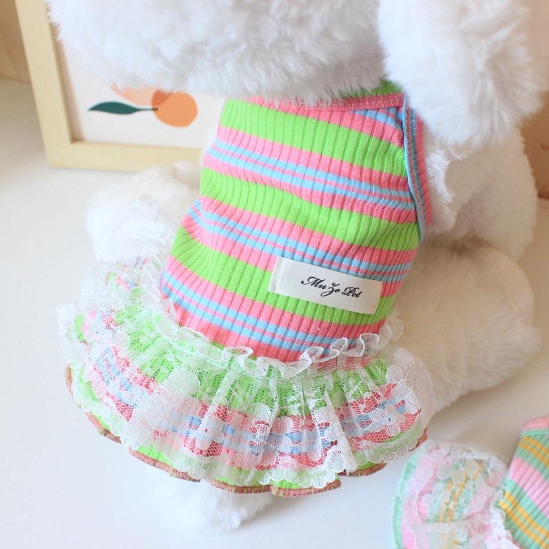 Puppy Summer Clothes Pet Outfit Lace Striped Dog Dress Cat Vest Chihuahua Bichon Yorkie Suspenders Skirt Cute Female Dog Tshirt