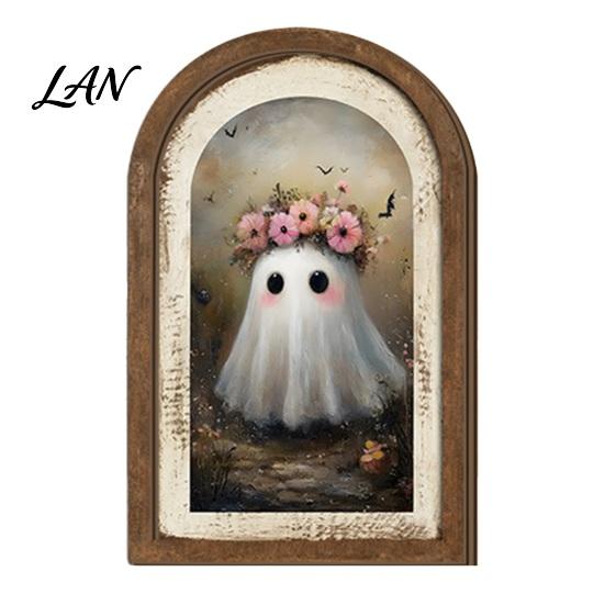 Solid Wood Ghost Ornament Arch Wooden Sign, Cute Halloween Table Rustic Farmhouse Decor Shelf Decor, Decorative Wall Art for Mantel Living Room