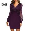 Women Evening Dress V Neck See Through Mesh Patchwork Long Sleeve Shiny Slim Fit Tight Waist Sheath Solid Color Party Prom Mini Dress