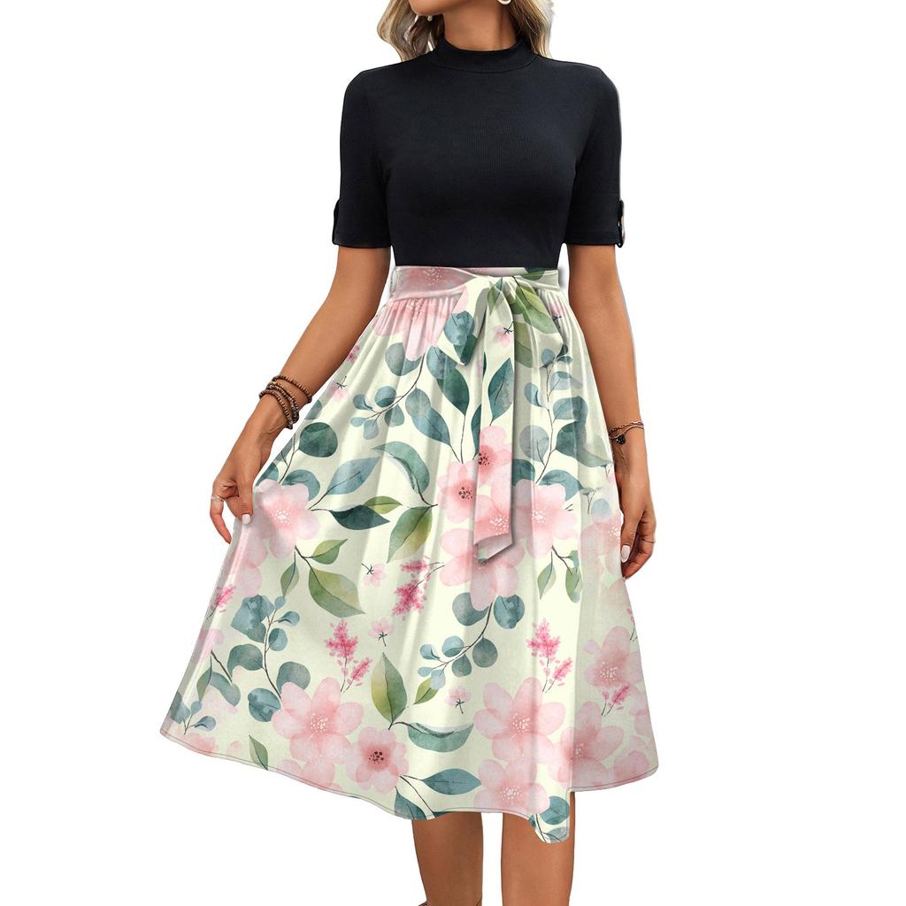 Women's Fashion Casual Belt Short Sleeve Round Neck Floral Elegant Temperament Dress