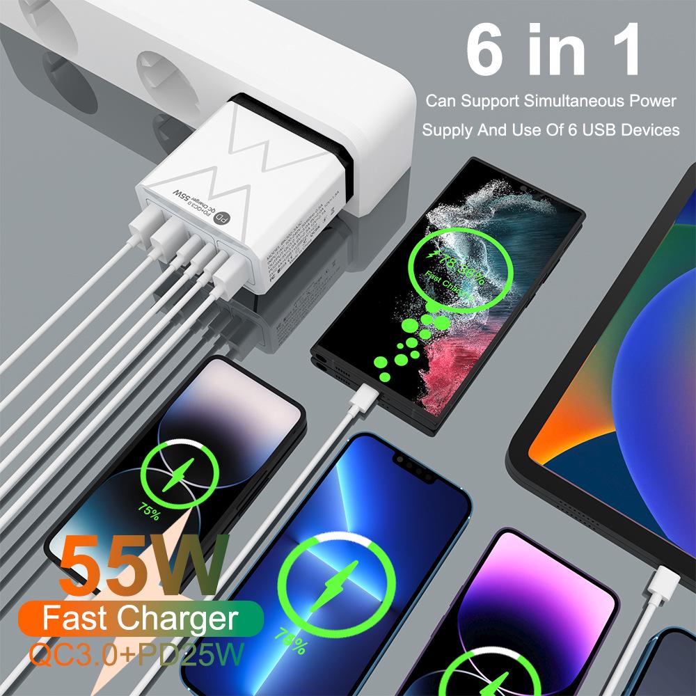 PD25W 3USB 3PD55W Fast Charger, 6-Port Mobile Charger with QC3.0, Multi-Standard Fast Charging Adapter